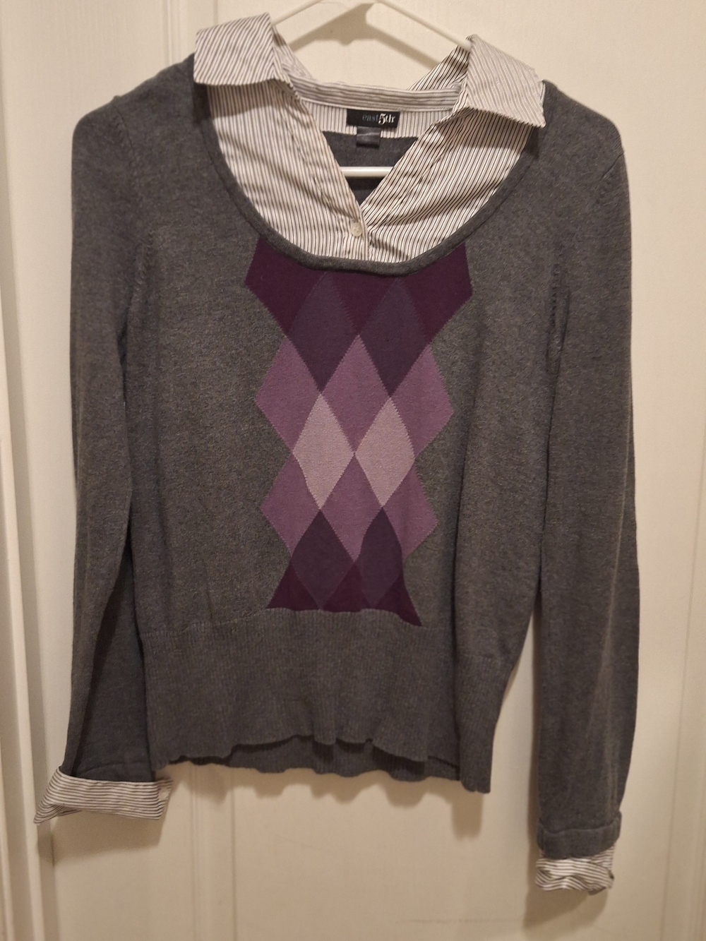 East 5th Gray Sweater with Purple Argyle Panel
